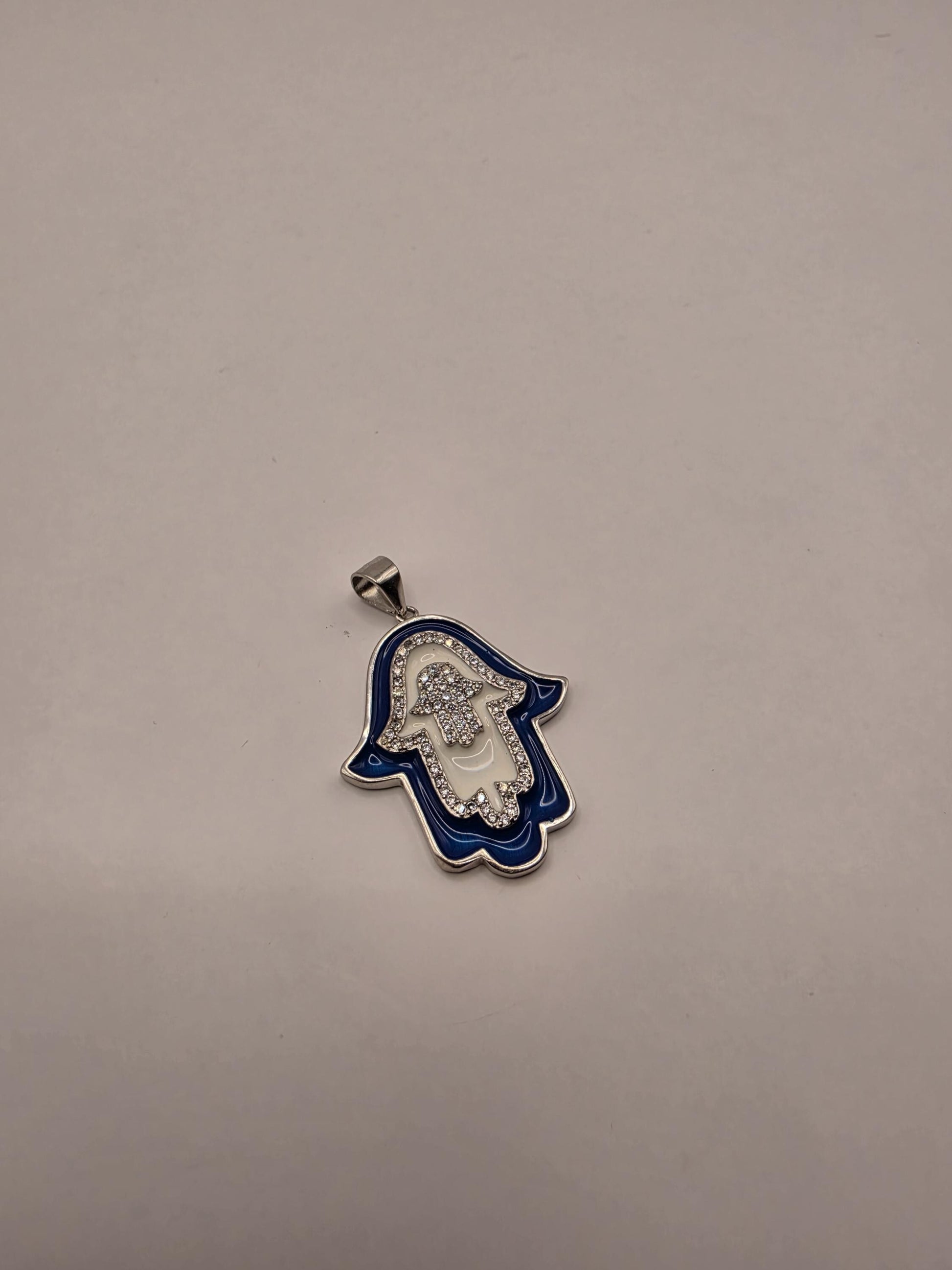 Sterling Silver Hamsa Pendant | 925 Silver Blue Enamel CZ Hamsa Charm | Large Hamsa Necklace Pendant