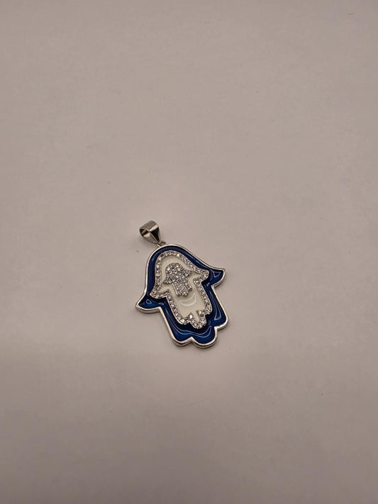 Sterling Silver Hamsa Pendant | 925 Silver Blue Enamel CZ Hamsa Charm | Large Hamsa Necklace Pendant
