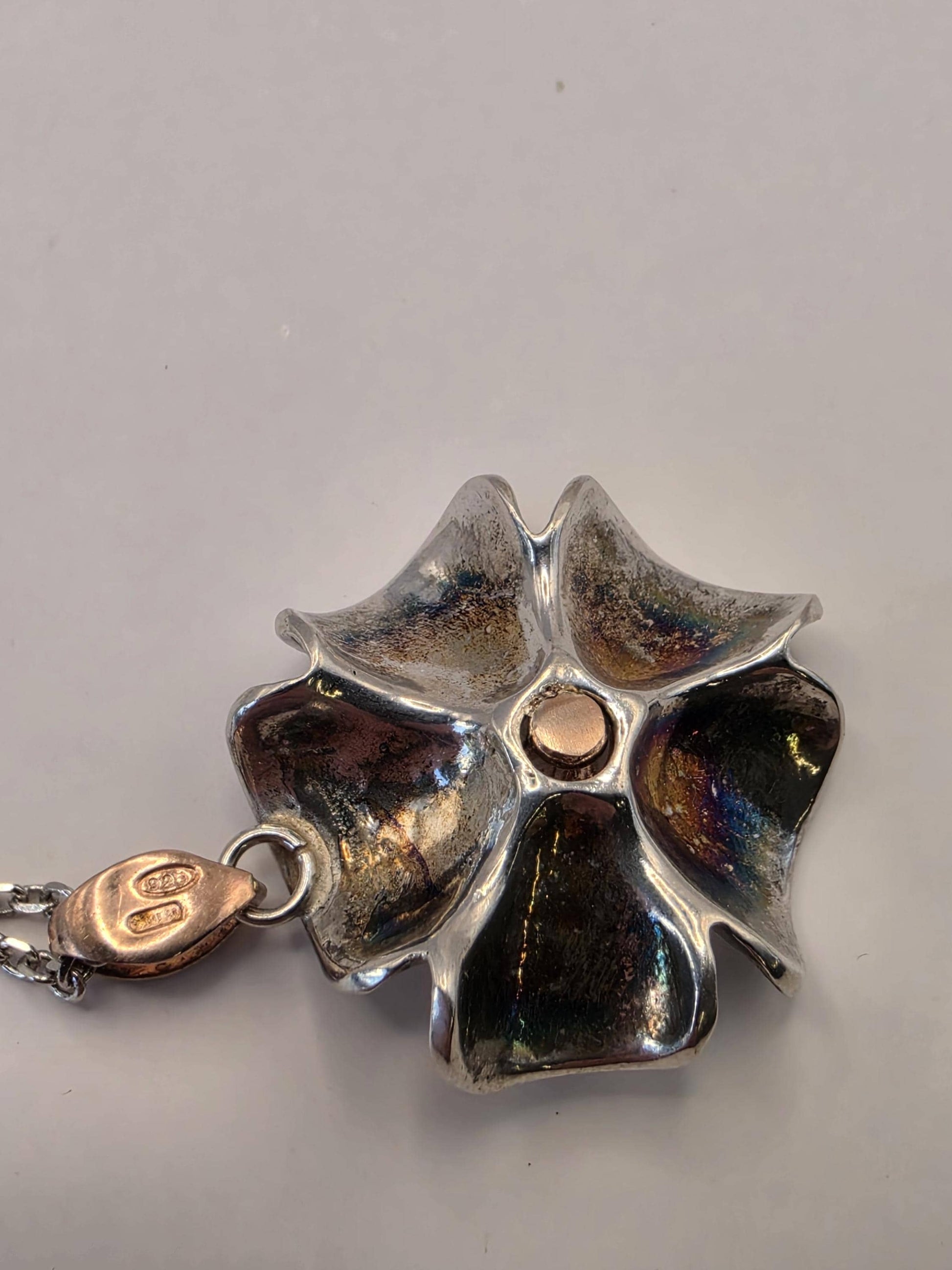 Sterling Silver Flower Pendant Necklace | 925 Silver | Two Tone Rose Accent | 18.5 Inch | Floral Blossom | Womens Gift