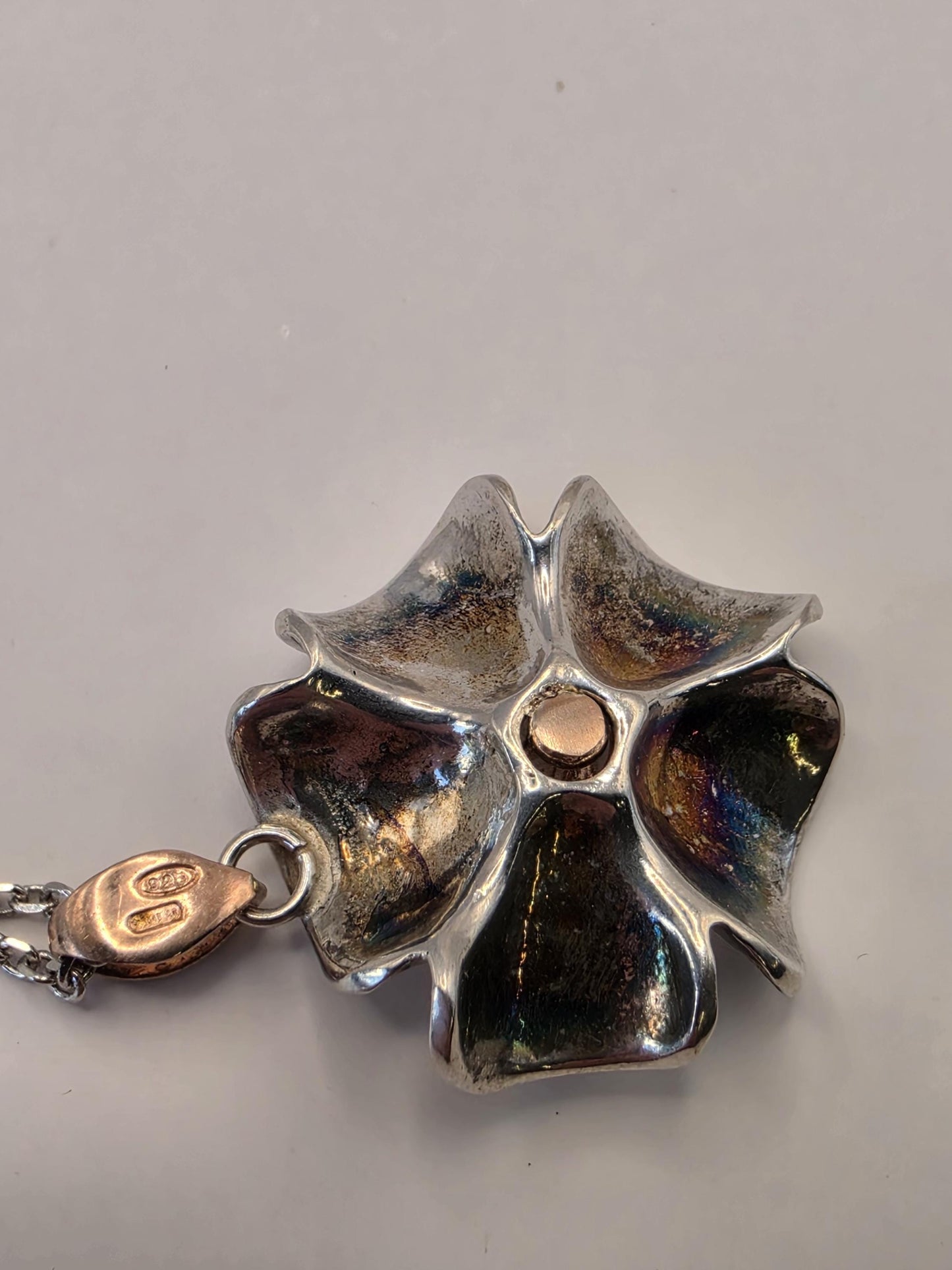 Sterling Silver Flower Pendant Necklace | 925 Silver | Two Tone Rose Accent | 18.5 Inch | Floral Blossom | Womens Gift
