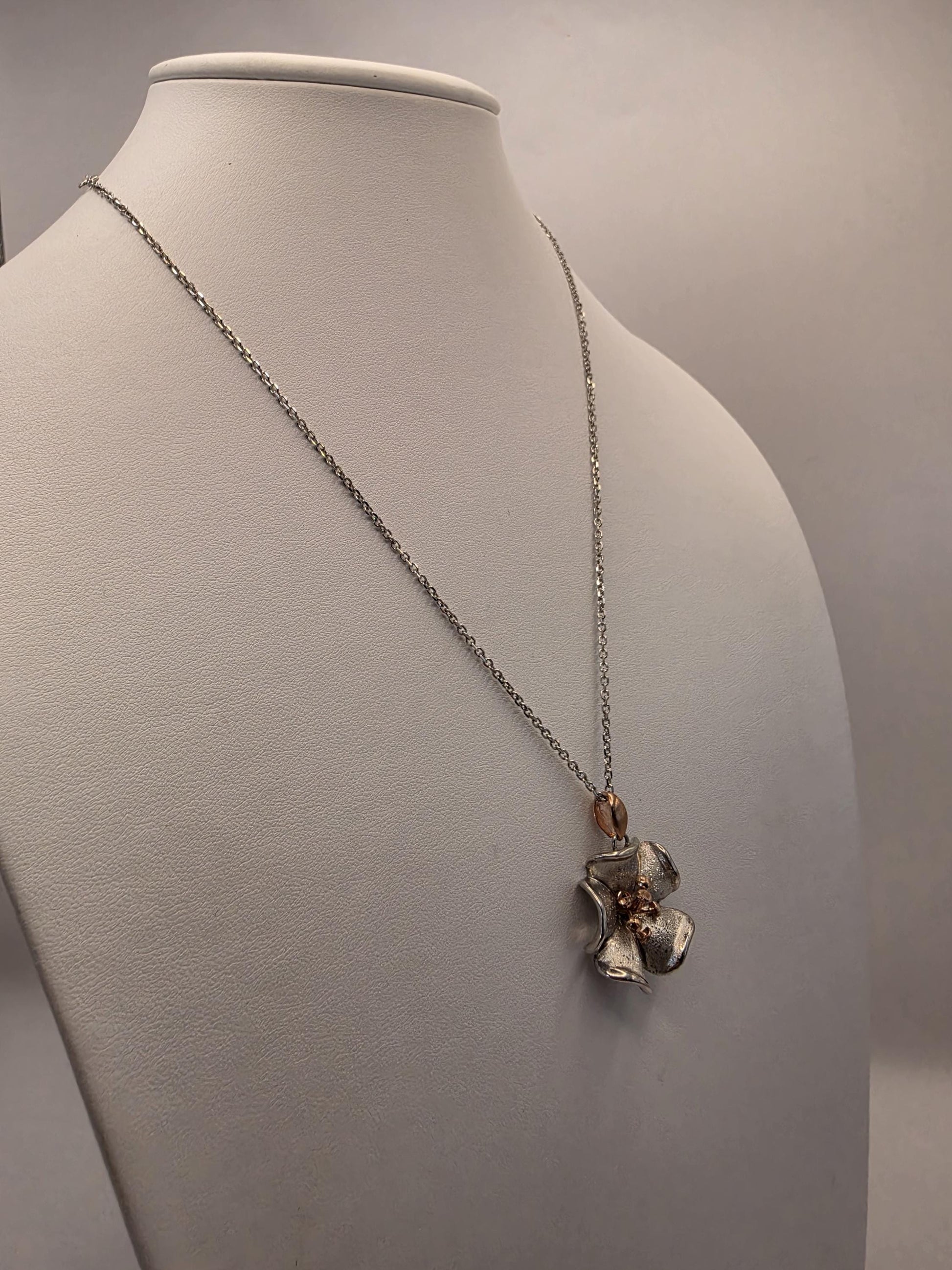 Sterling Silver Flower Pendant Necklace | 925 Silver | Two Tone Rose Accent | 18.5 Inch | Floral Blossom | Womens Gift