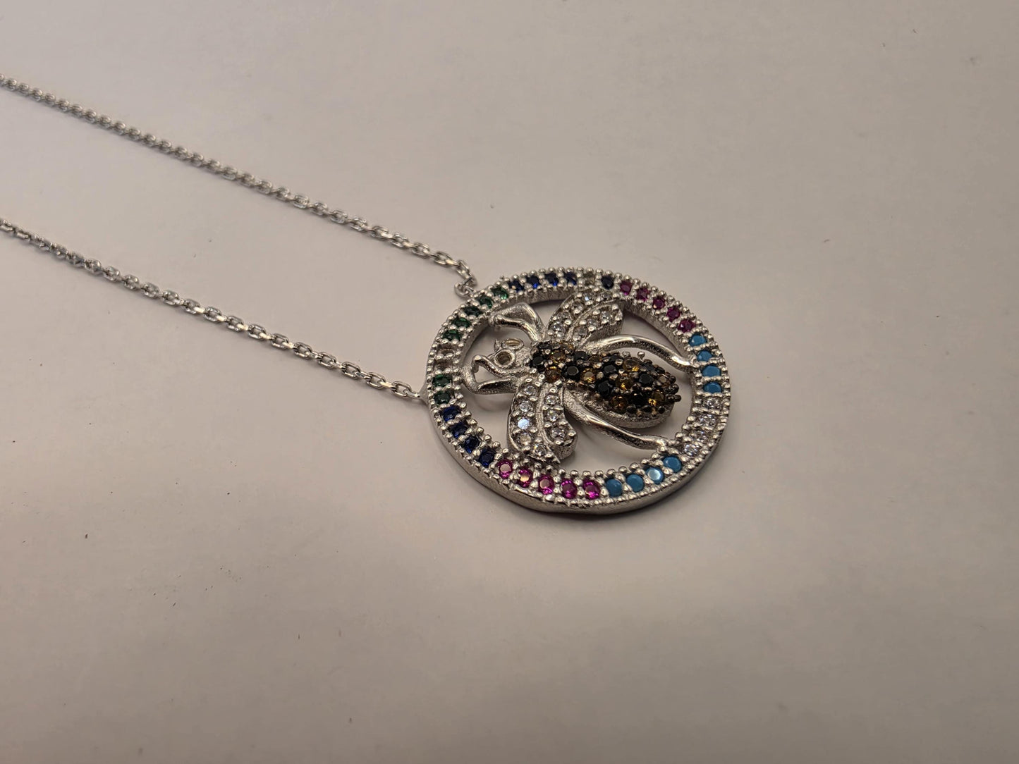 Sterling Silver Bee Pendant Necklace | 925 Silver | Colorful CZ Halo | 18 Inch | Multicolor Insect Charm | Womens Gift