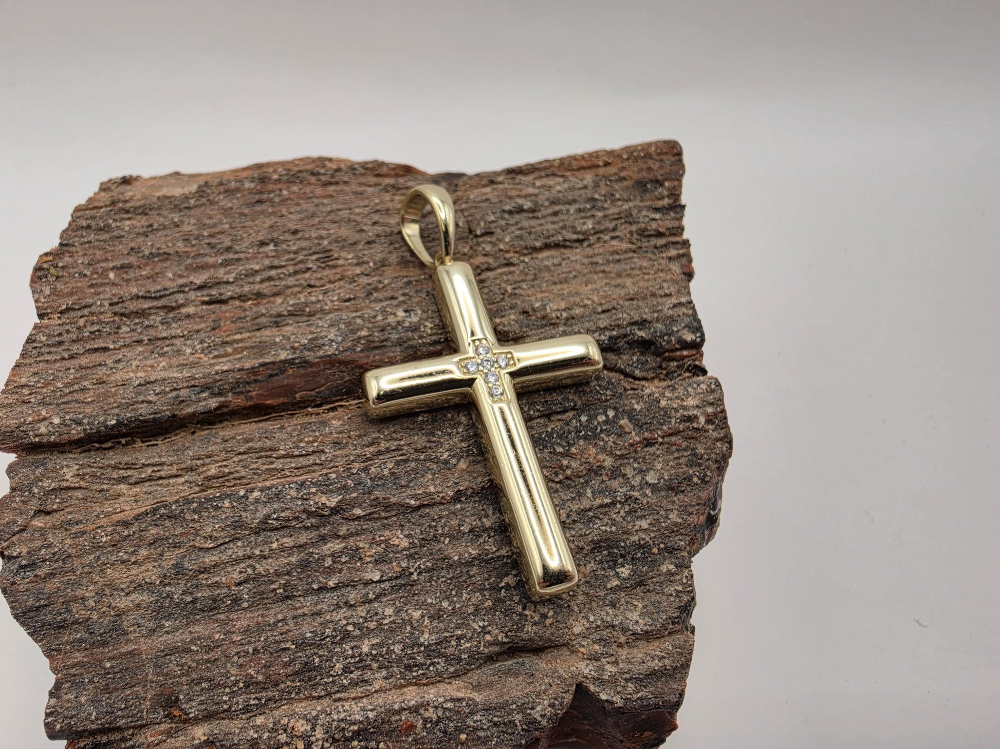 Gold Plated Sterling Silver Plain Cross Pendant CZ Center 38mm x 25mm Polished 925 Religious Jewelry 7.1g