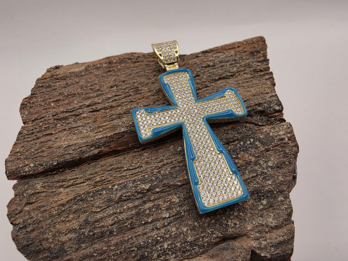 Gold Plated Sterling Silver Blue Enamel Pave CZ Cross Pendant 44mm x 32mm Iced Out 925 Religious Jewelry 11.5g