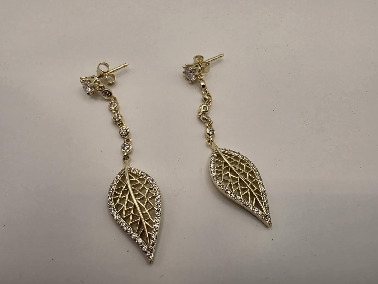 Gold Plated Sterling Silver CZ Leaf Drop Earrings 51mm Long Dangle Filigree Leaf 925 Womens 5.5g