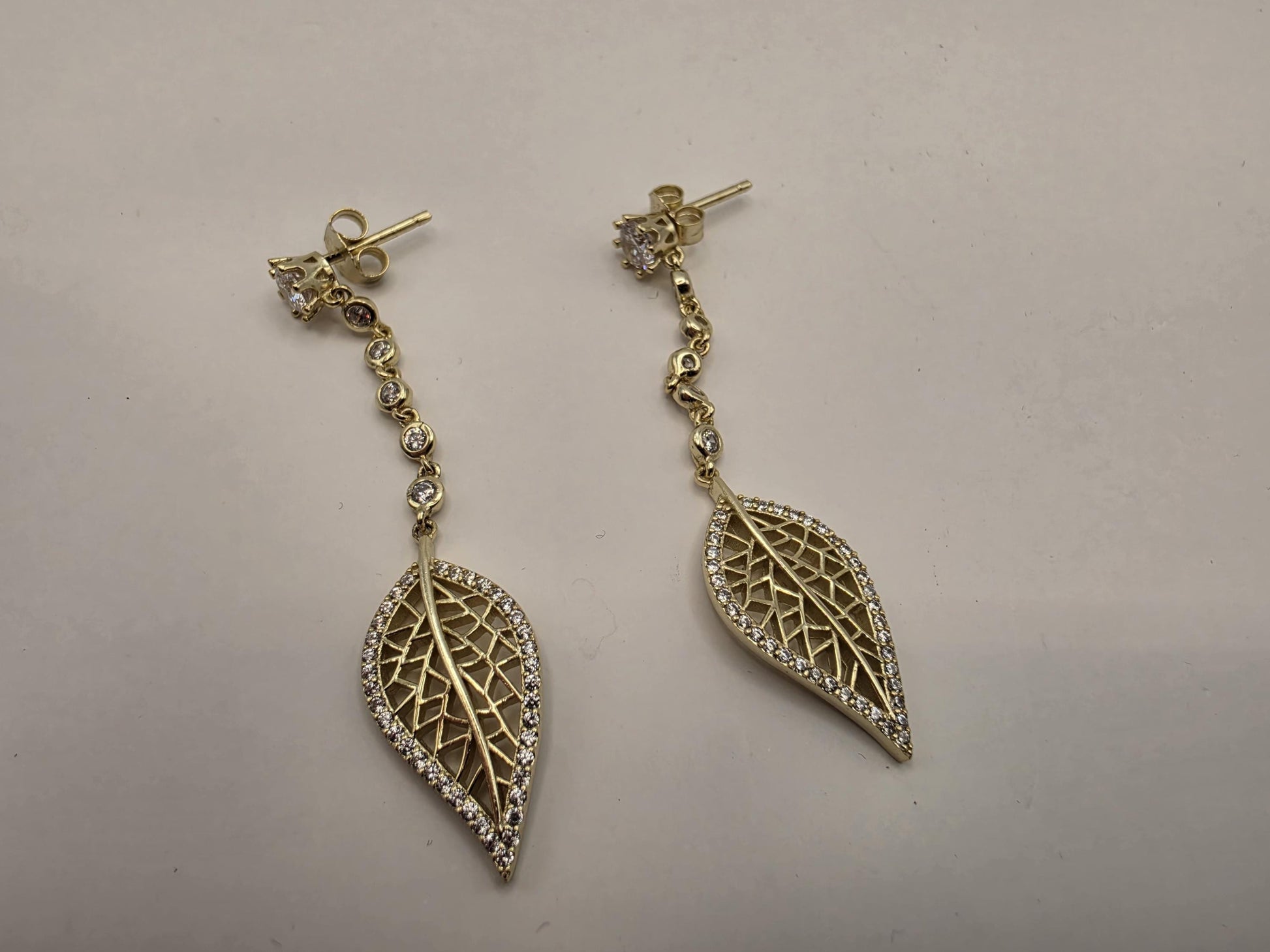 Gold Plated Sterling Silver CZ Leaf Drop Earrings 51mm Long Dangle Filigree Leaf 925 Womens 5.5g