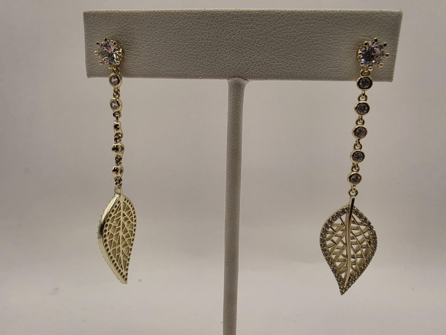 Gold Plated Sterling Silver CZ Leaf Drop Earrings 51mm Long Dangle Filigree Leaf 925 Womens 5.5g