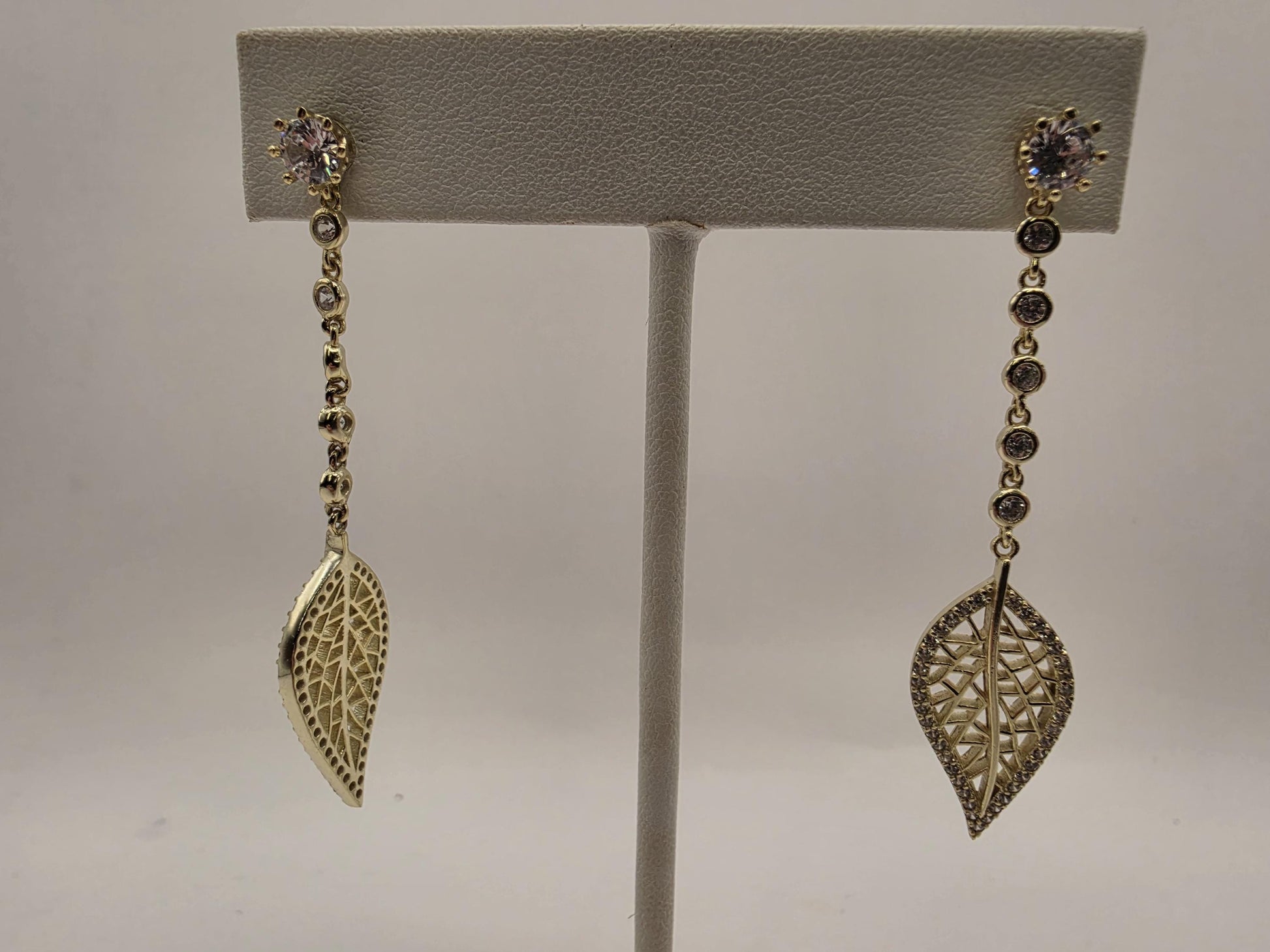 Gold Plated Sterling Silver CZ Leaf Drop Earrings 51mm Long Dangle Filigree Leaf 925 Womens 5.5g