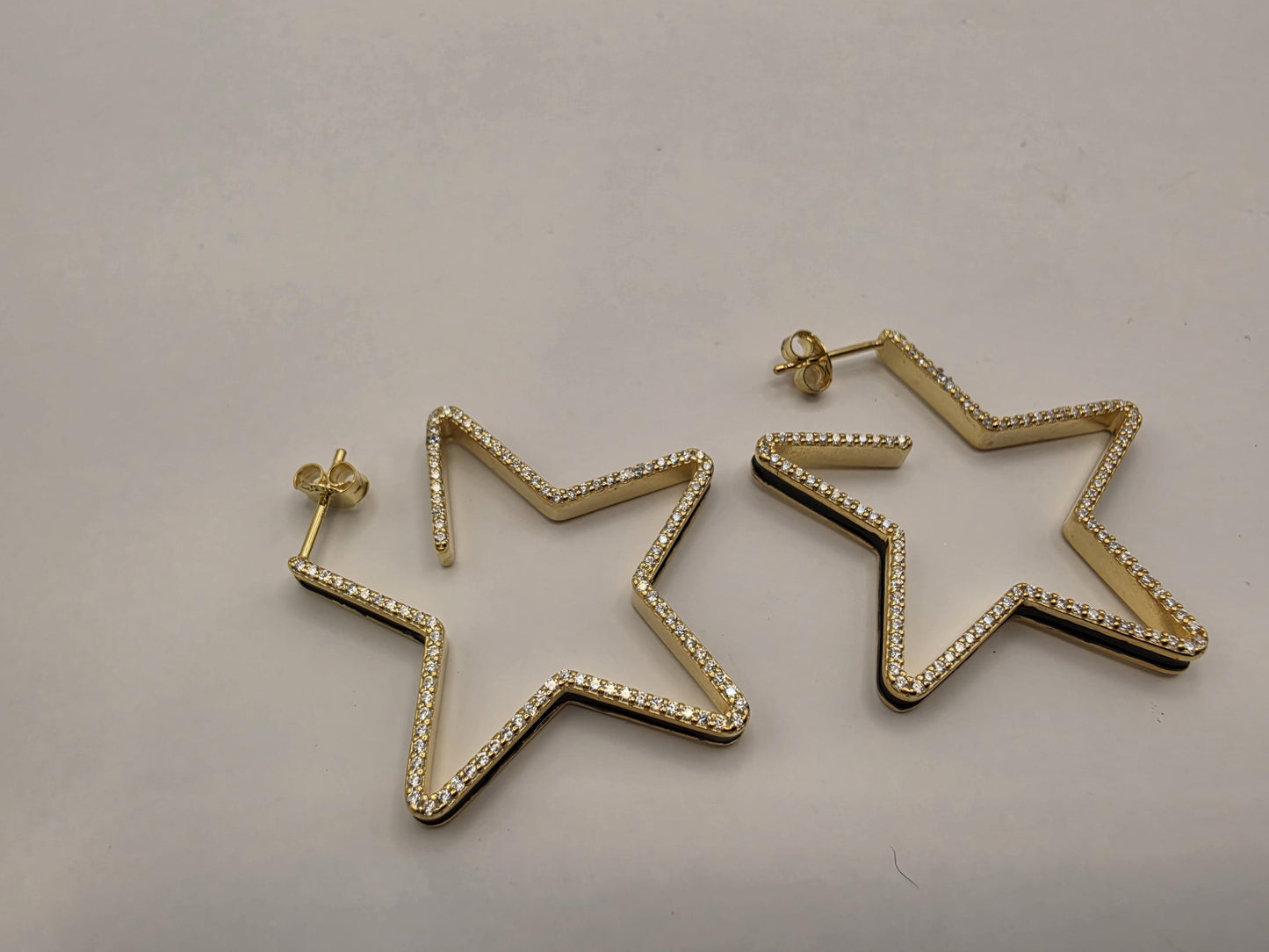 Gold Plated Sterling Silver CZ Star Hoop Earrings 38mm Open Star Shape Iced Out 925 Womens 8.5g