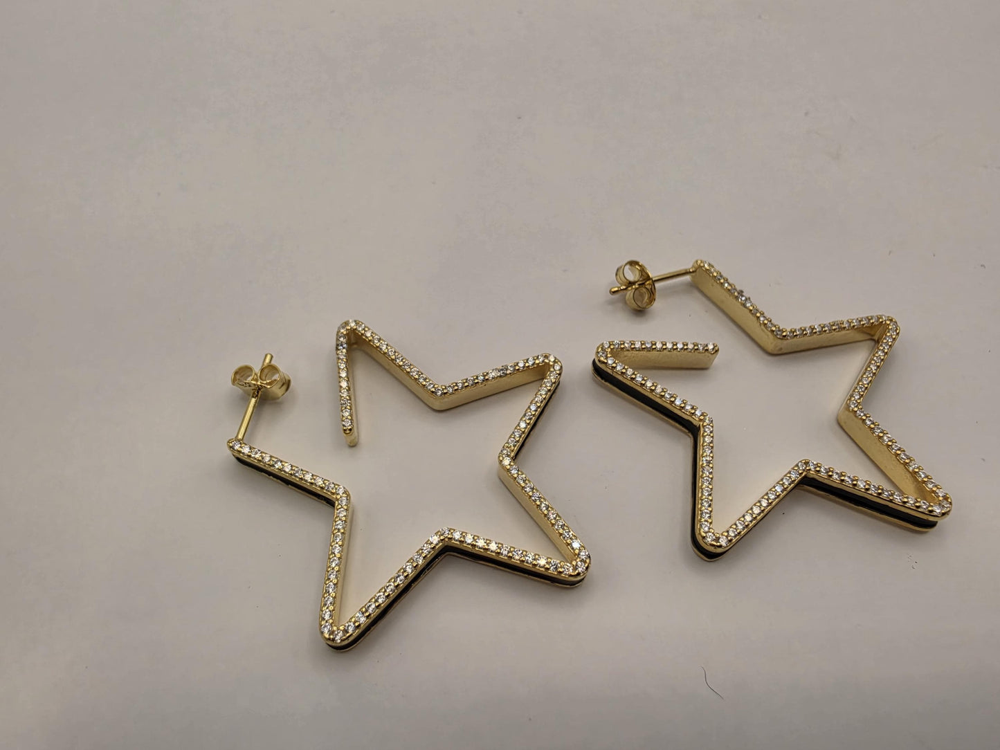 Gold Plated Sterling Silver CZ Star Hoop Earrings 38mm Open Star Shape Iced Out 925 Womens 8.5g