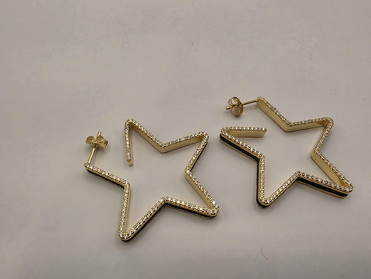 Gold Plated Sterling Silver CZ Star Hoop Earrings 38mm Open Star Shape Iced Out 925 Womens 8.5g
