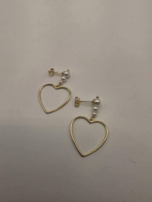 Gold Plated Sterling Silver Pearl Cluster Heart Drop Earrings 25mm Open Heart Dangle 925 Womens 2.5g