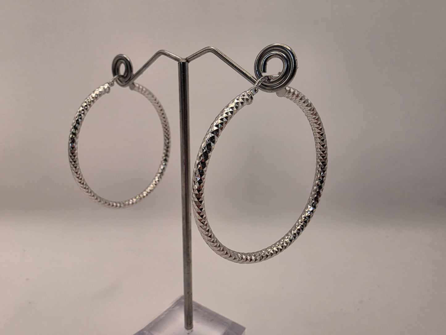 Sterling Silver Diamond Cut Hoop Earrings | 925 Silver | 2 Inch | Sparkle Faceted Hoops | Womens Large Statement Hoops