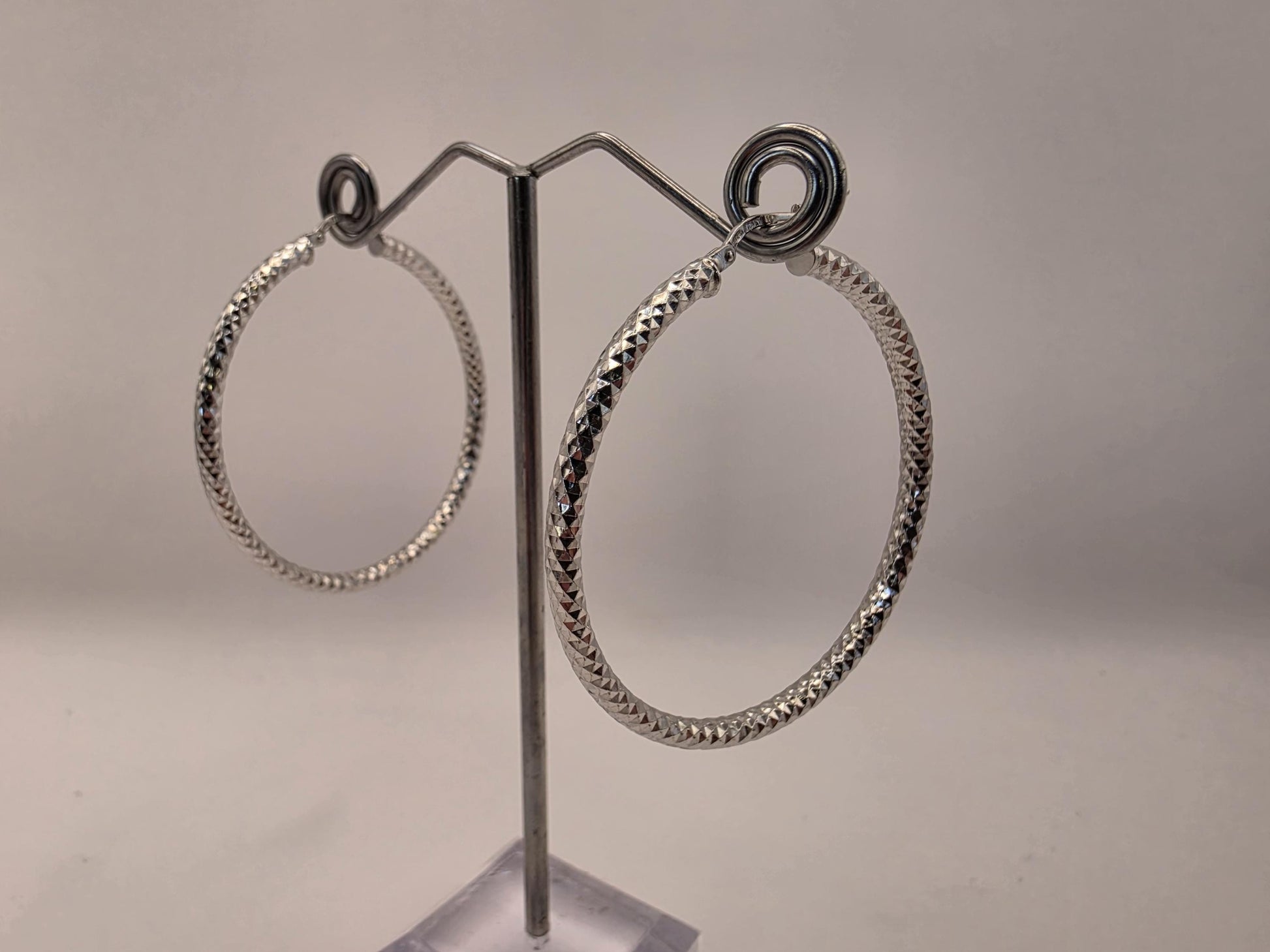 Sterling Silver Diamond Cut Hoop Earrings | 925 Silver | 2 Inch | Sparkle Faceted Hoops | Womens Large Statement Hoops