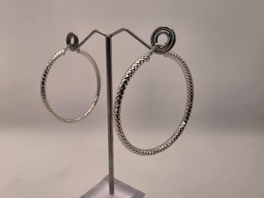 Sterling Silver Diamond Cut Hoop Earrings | 925 Silver | 2 Inch | Sparkle Faceted Hoops | Womens Large Statement Hoops