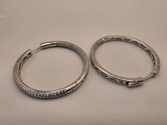 Sterling Silver Pave CZ Hoop Earrings | 925 Silver | 1.125 Inch | Sparkling Cubic Zirconia Hoops | Womens Hoops