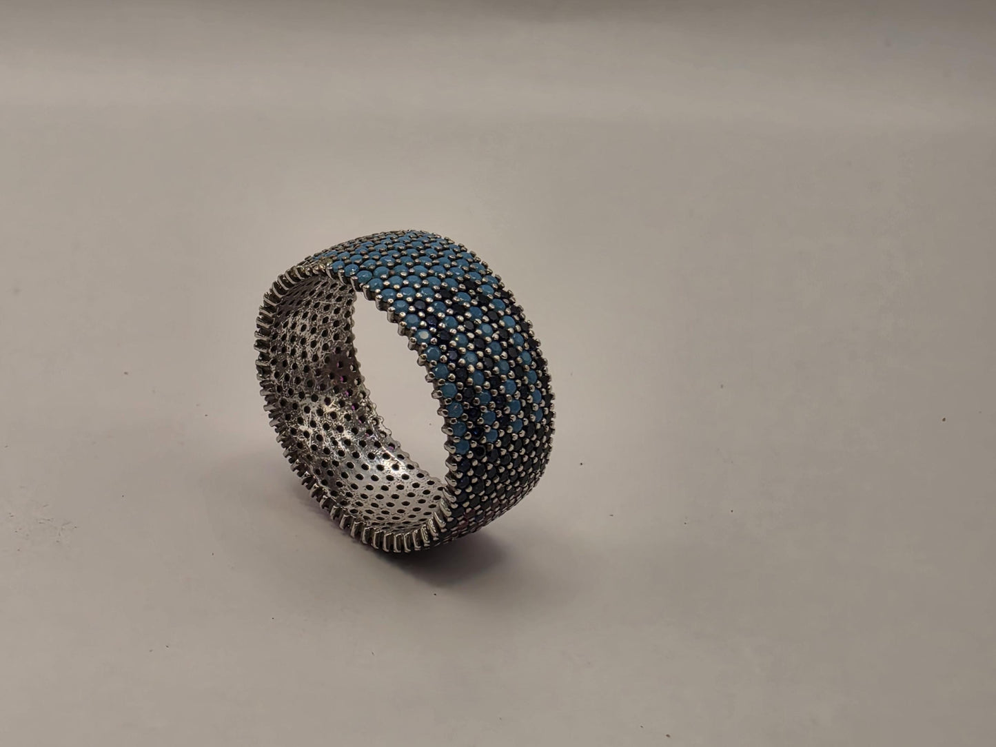 Sterling Silver Blue Pave CZ Wide Band Ring Size 9 Full Eternity Multi Row Iced Out 925 Women 5.2g