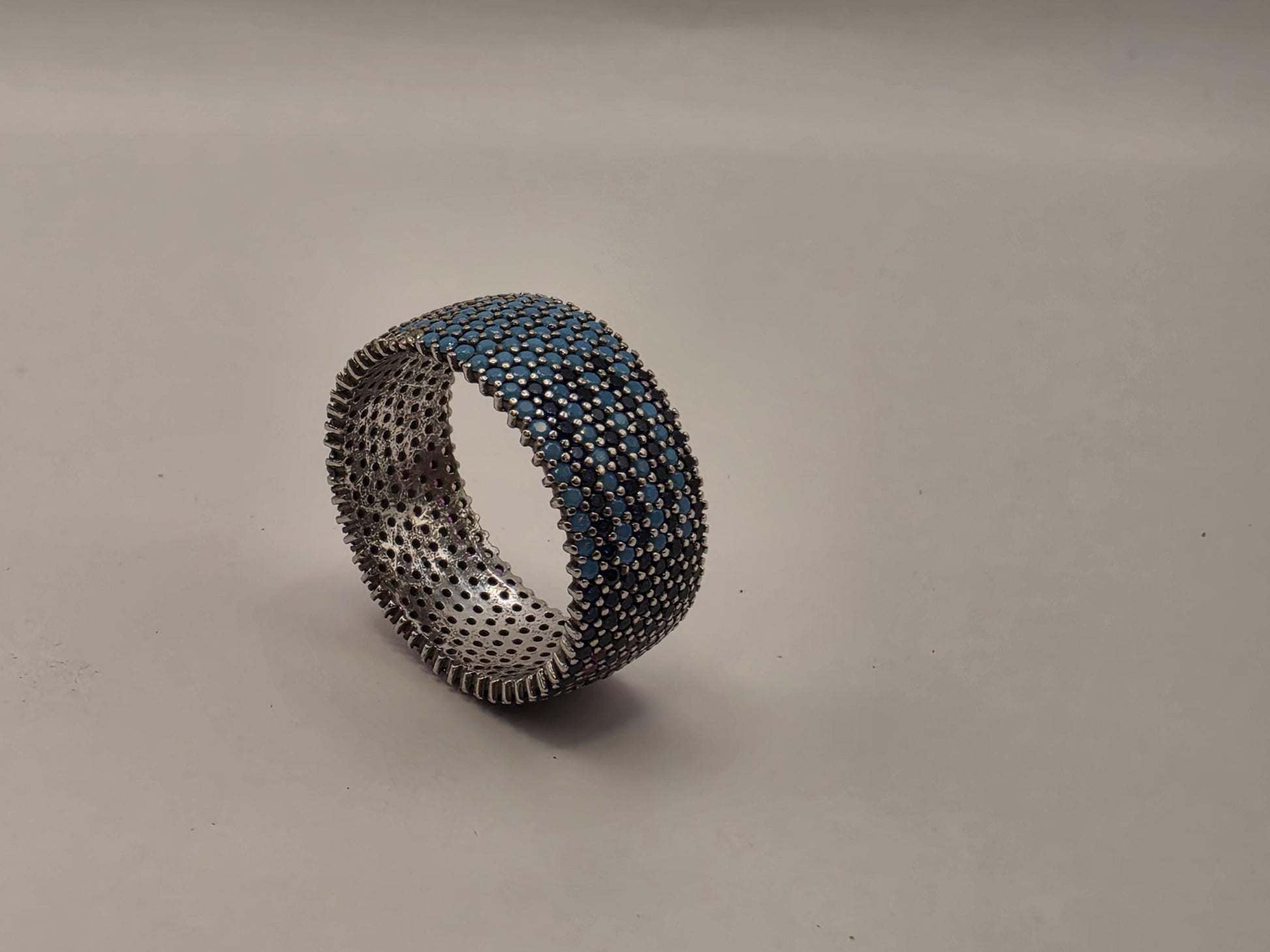 Sterling Silver Blue Pave CZ Wide Band Ring Size 9 Full Eternity Multi Row Iced Out 925 Women 5.2g
