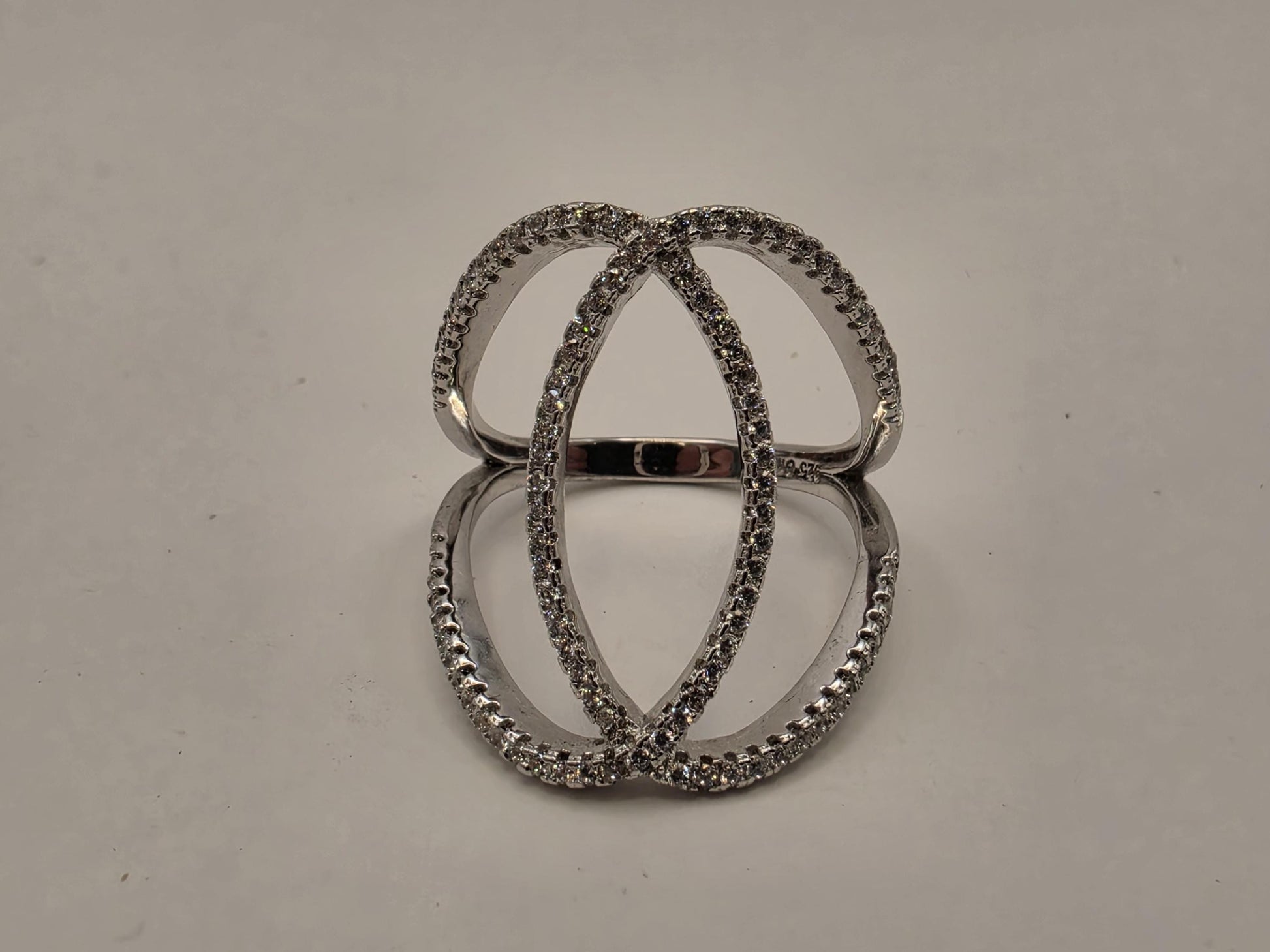 Sterling Silver CZ Orbit Crossover Ring Size 8 Open Double Loop Statement 925 Women 4.1g