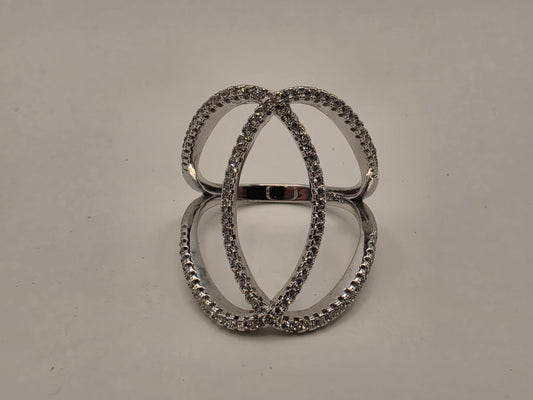 Sterling Silver CZ Orbit Crossover Ring Size 8 Open Double Loop Statement 925 Women 4.1g