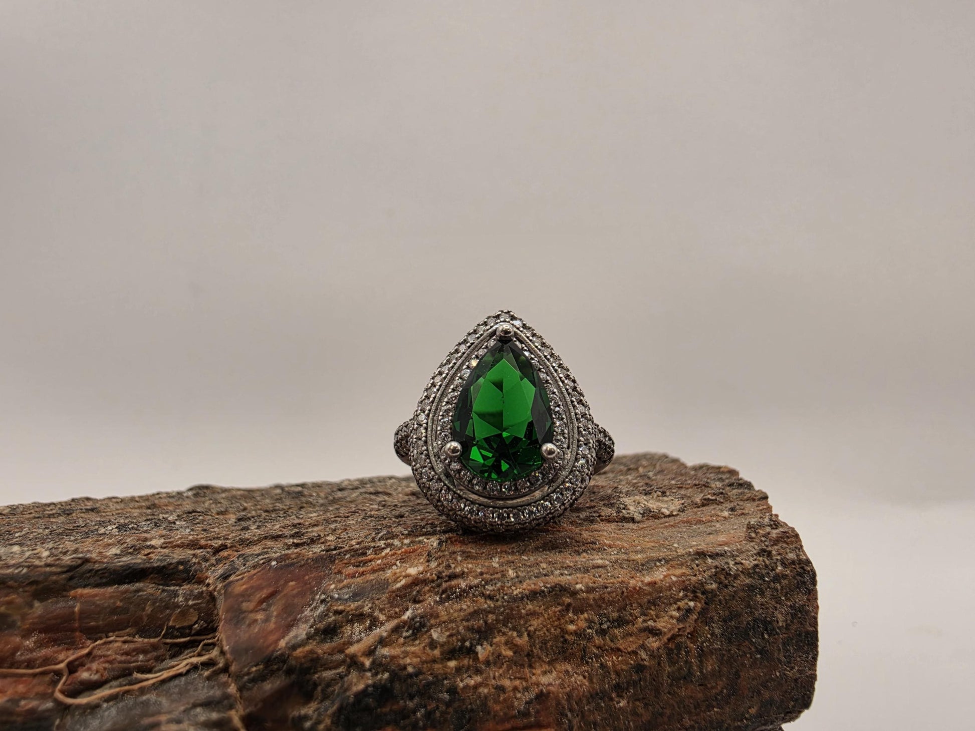Sterling Silver Green CZ Teardrop Double Halo Ring Size 7 Pear Shape Cocktail 925 Women 5.1g