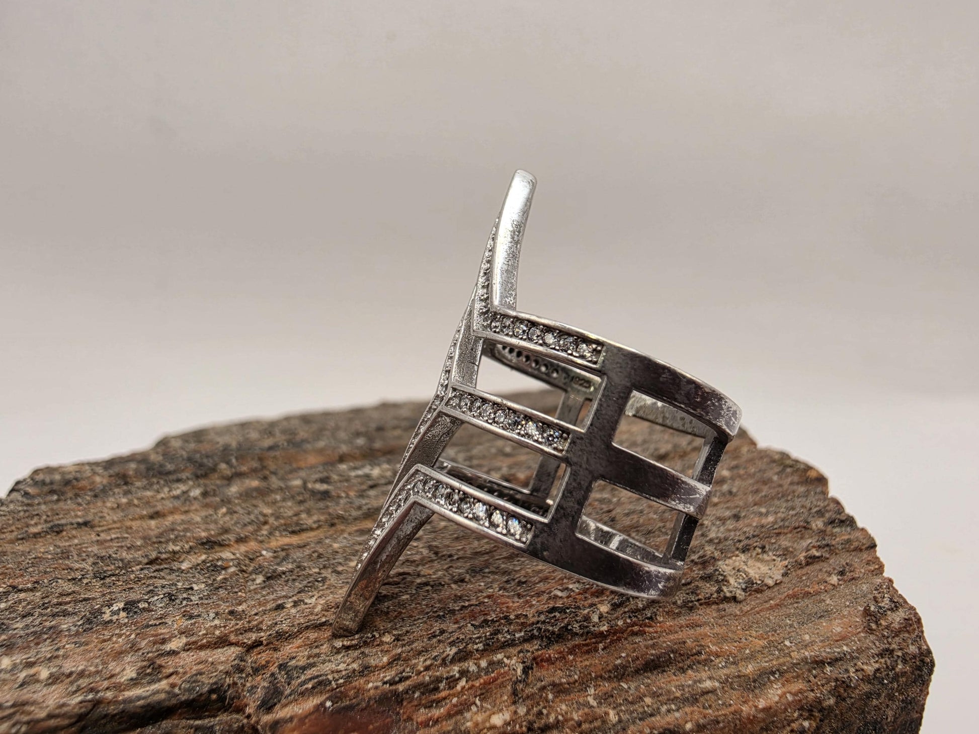 Sterling Silver CZ Double Diamond Shape Ring Size 7 Geometric Chevron Statement 925 Women 7.6g