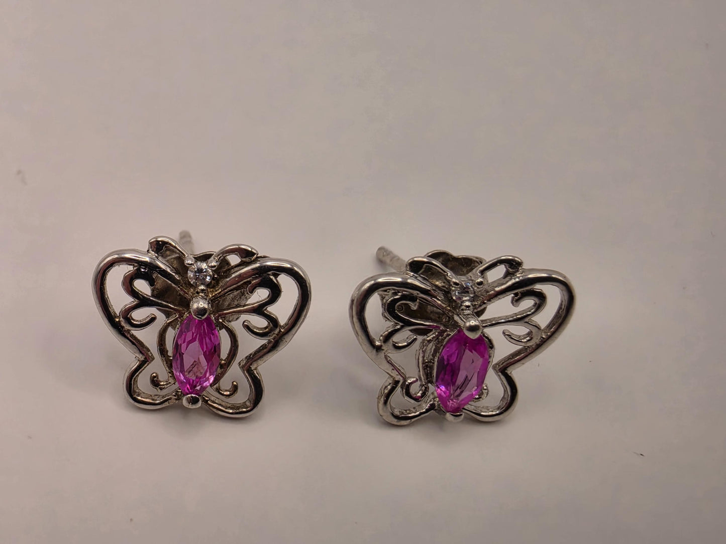 Sterling Silver Butterfly Stud Earrings | 925 Silver | Pink CZ | Filigree Butterfly Studs | Womens Dainty Stud Earrings