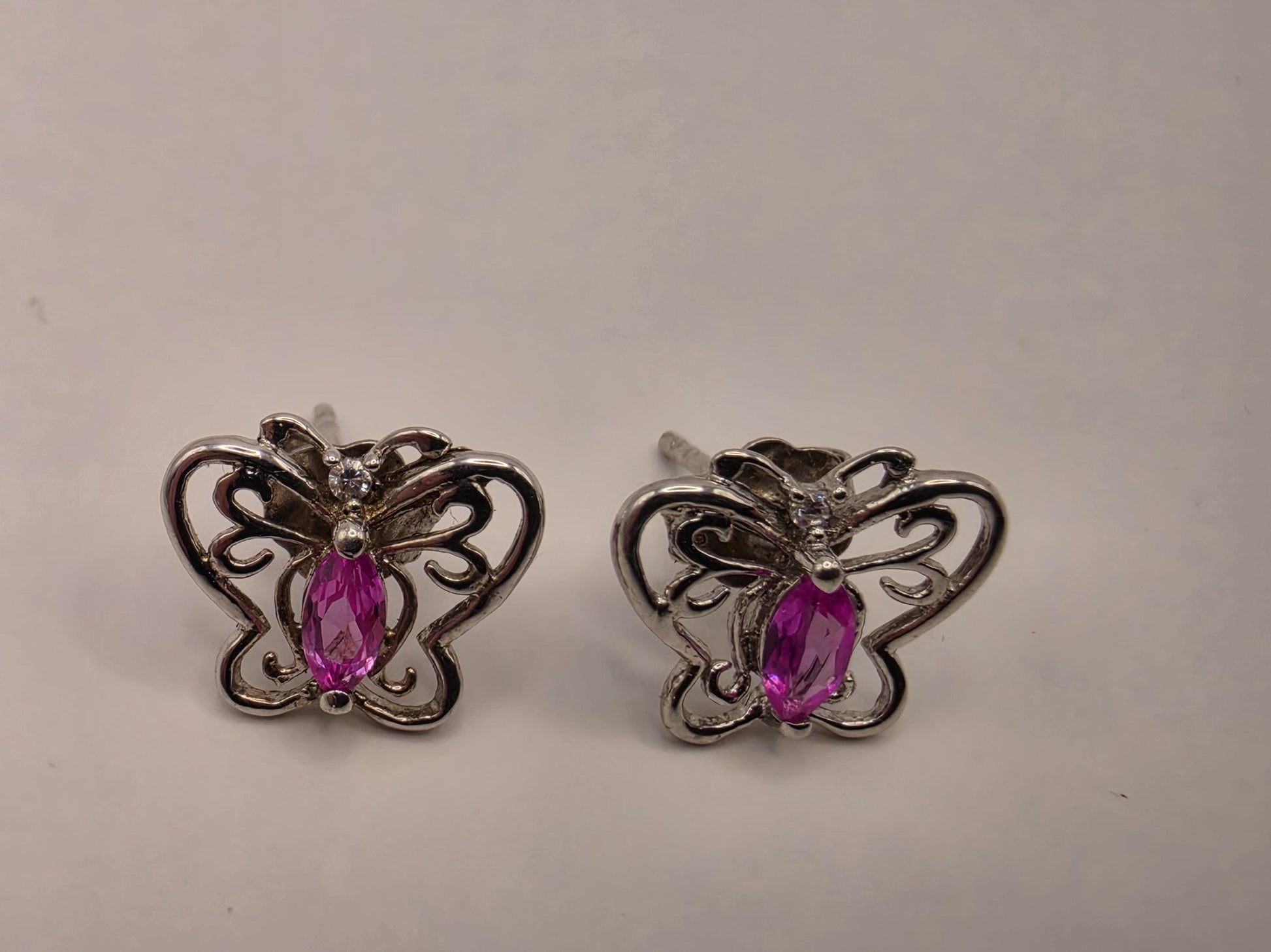 Sterling Silver Butterfly Stud Earrings | 925 Silver | Pink CZ | Filigree Butterfly Studs | Womens Dainty Stud Earrings