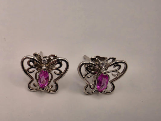 Sterling Silver Butterfly Stud Earrings | 925 Silver | Pink CZ | Filigree Butterfly Studs | Womens Dainty Stud Earrings