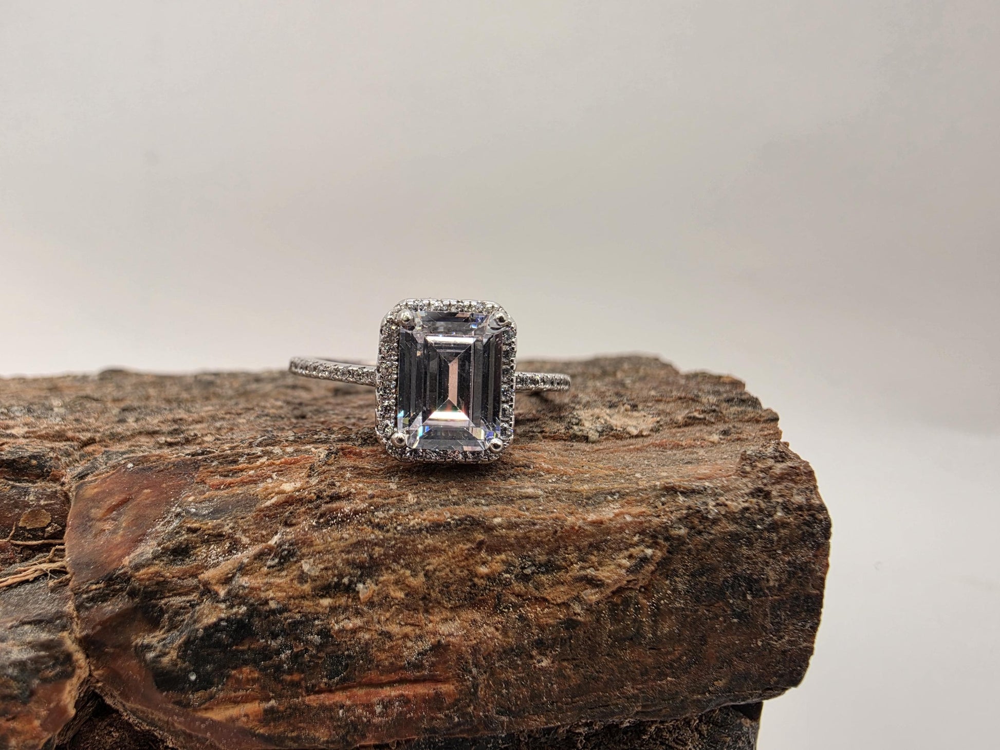 Sterling Silver Emerald Cut CZ Halo Engagement Style Ring Size 7.25 Solitaire 925 Women 3g