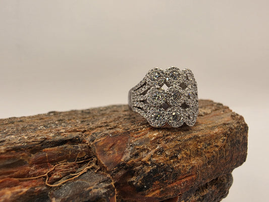 Sterling Silver Vintage Floral CZ Cluster Ring Size 5 Multi Stone Art Deco Cocktail 925 Women 7.6g