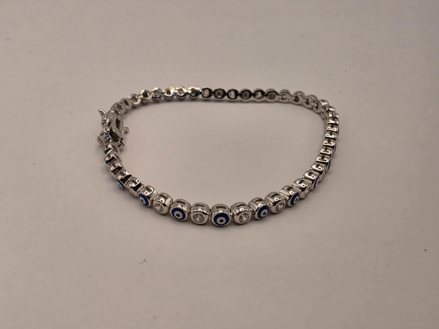 Sterling Silver Evil Eye Tennis Bracelet | 925 Silver | 7.5 Inch | Blue & White CZ | Protection Charm | Womens Bracelet