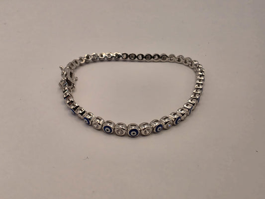 Sterling Silver Evil Eye Tennis Bracelet | 925 Silver | 7.5 Inch | Blue & White CZ | Protection Charm | Womens Bracelet