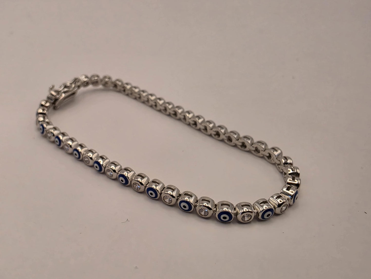 Sterling Silver Evil Eye Tennis Bracelet | 925 Silver | 7.5 Inch | Blue & White CZ | Protection Charm | Womens Bracelet