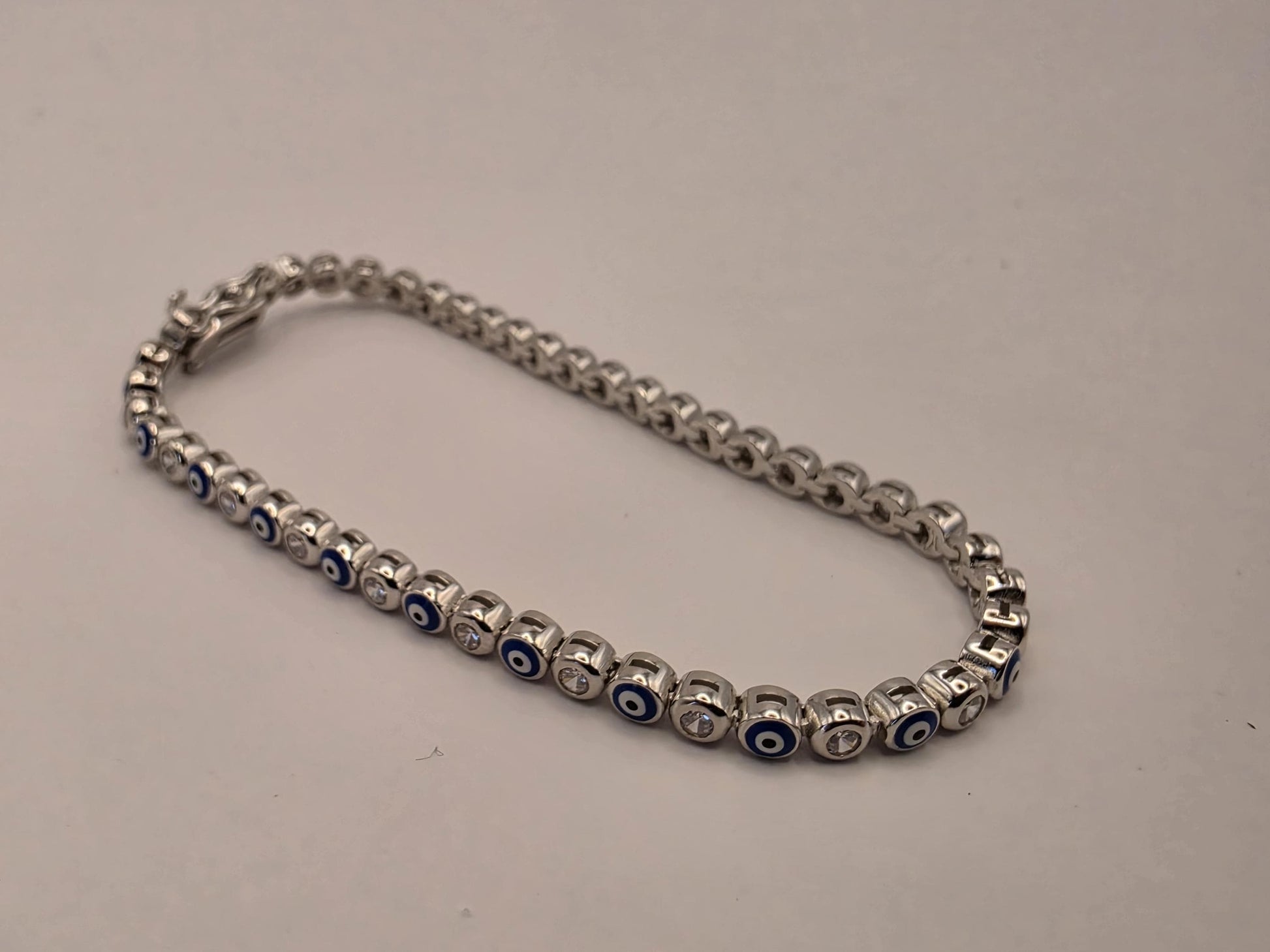 Sterling Silver Evil Eye Tennis Bracelet | 925 Silver | 7.5 Inch | Blue & White CZ | Protection Charm | Womens Bracelet