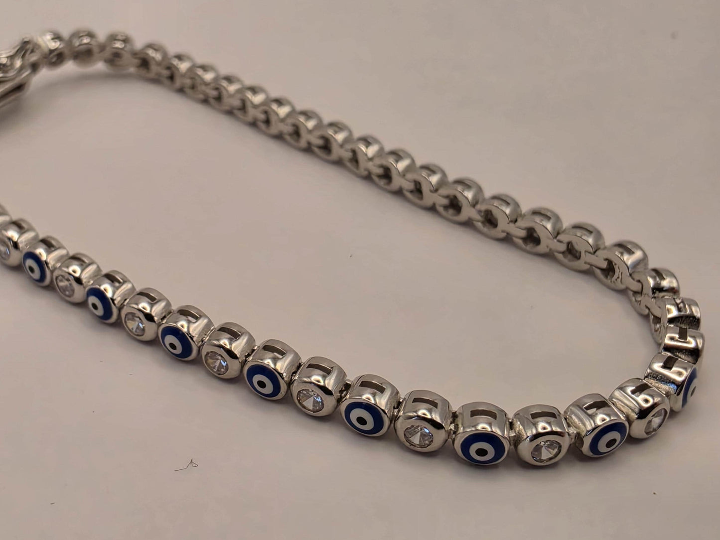Sterling Silver Evil Eye Tennis Bracelet | 925 Silver | 7.5 Inch | Blue & White CZ | Protection Charm | Womens Bracelet