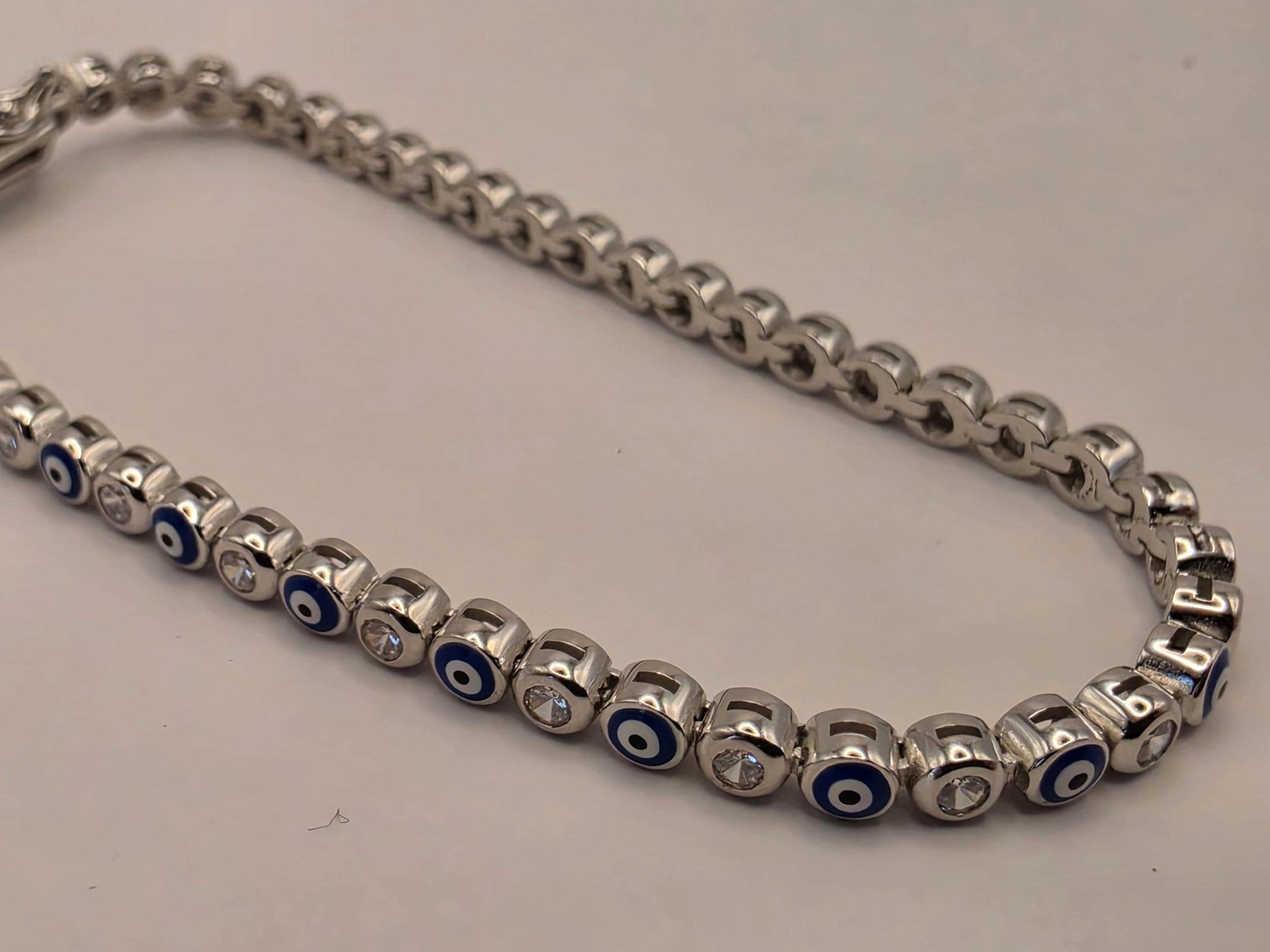 Sterling Silver Evil Eye Tennis Bracelet | 925 Silver | 7.5 Inch | Blue & White CZ | Protection Charm | Womens Bracelet