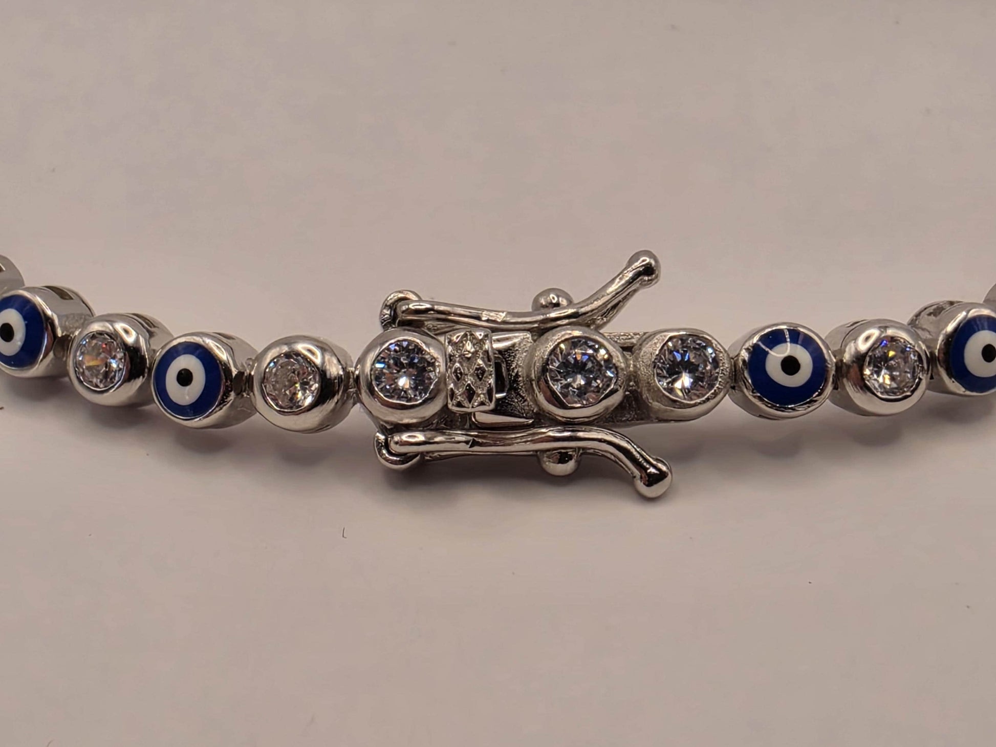 Sterling Silver Evil Eye Tennis Bracelet | 925 Silver | 7.5 Inch | Blue & White CZ | Protection Charm | Womens Bracelet