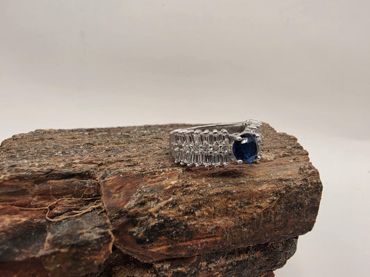 Sterling Silver Blue Oval CZ Baguette Halo Ring Size 7 Sapphire Style Cocktail 925 Women 4.7g