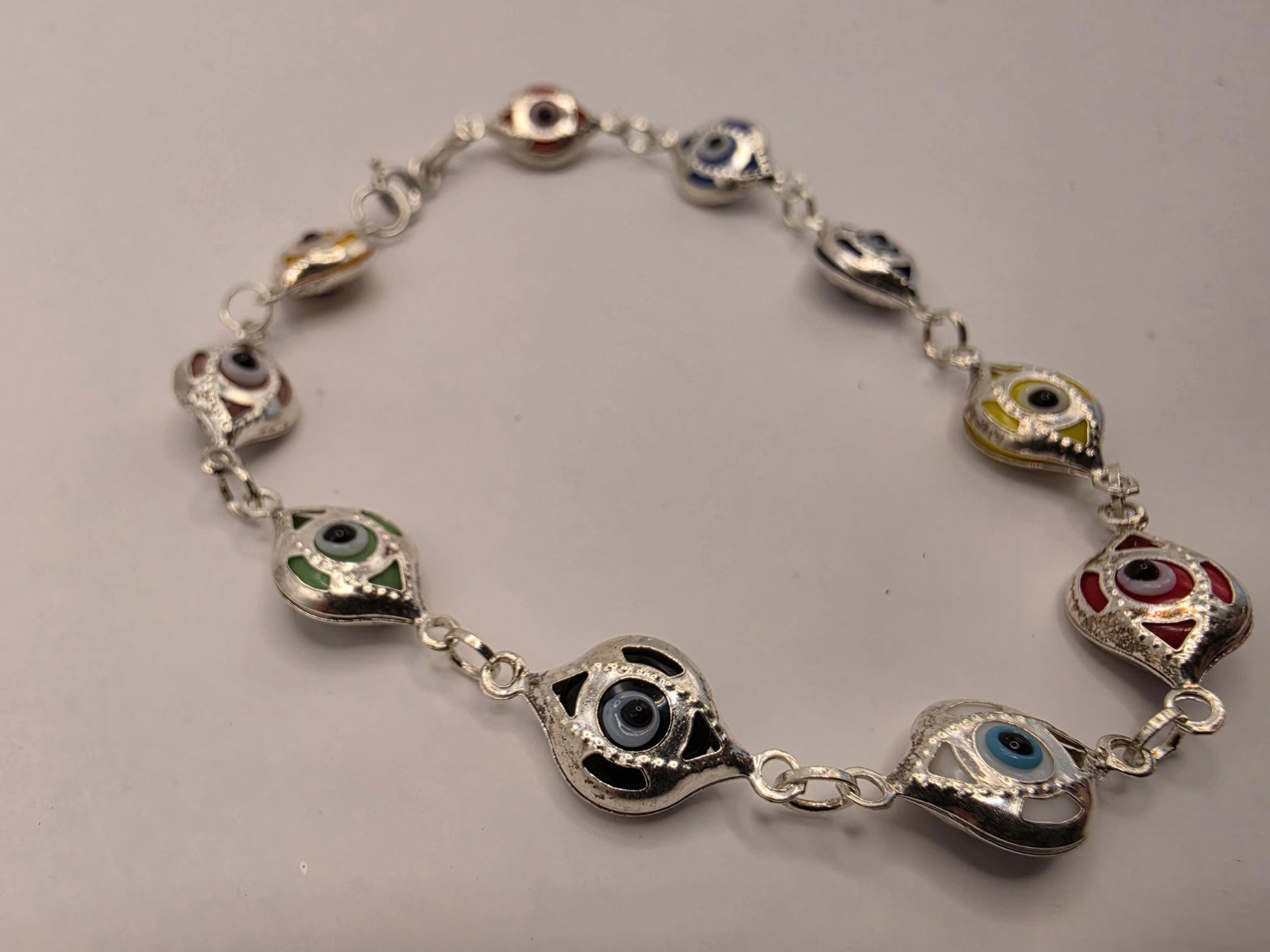 Sterling Silver Evil Eye Bracelet | 925 Silver | 7.5 Inch | Multicolor Enamel Eyes | Protection Charm | Womens Bracelet