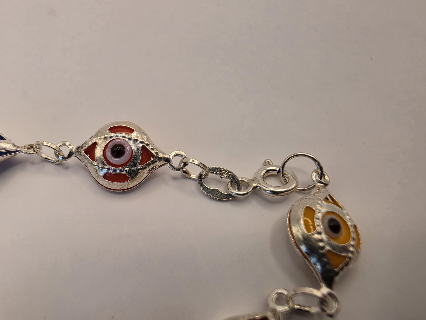 Sterling Silver Evil Eye Bracelet | 925 Silver | 7.5 Inch | Multicolor Enamel Eyes | Protection Charm | Womens Bracelet