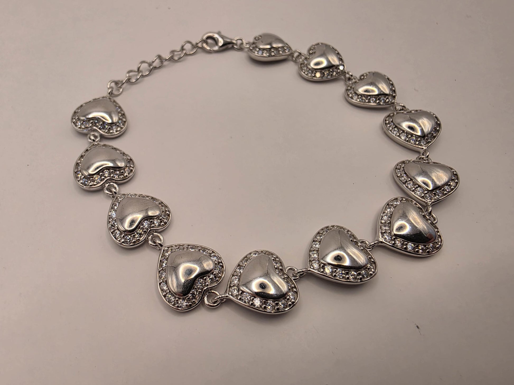 Sterling Silver Heart Bracelet | 925 Silver | 8.5 Inch | CZ Halo Puffed Hearts | Womens Romantic Link Bracelet