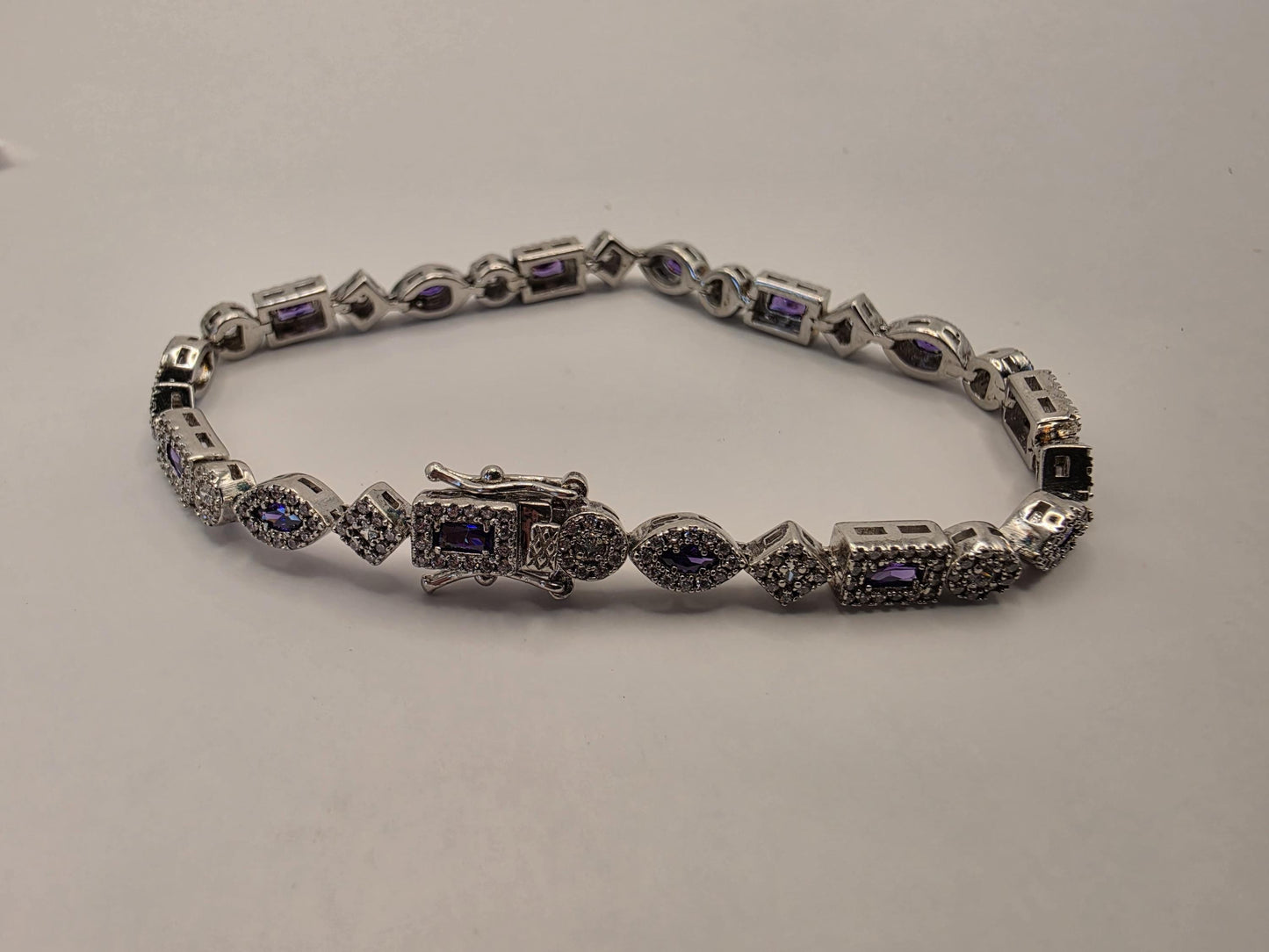 Sterling Silver Purple CZ Bracelet | 925 Silver | 8 Inch | Vintage Multi Shape Link | Womens Antique Style Bracelet