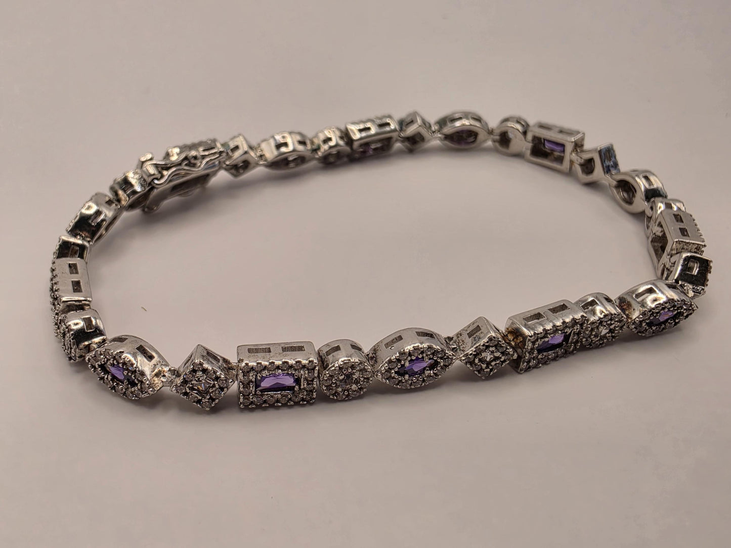 Sterling Silver Purple CZ Bracelet | 925 Silver | 8 Inch | Vintage Multi Shape Link | Womens Antique Style Bracelet