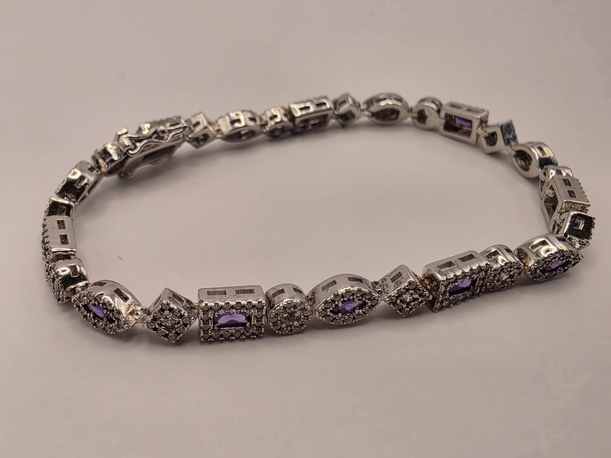 Sterling Silver Purple CZ Bracelet | 925 Silver | 8 Inch | Vintage Multi Shape Link | Womens Antique Style Bracelet