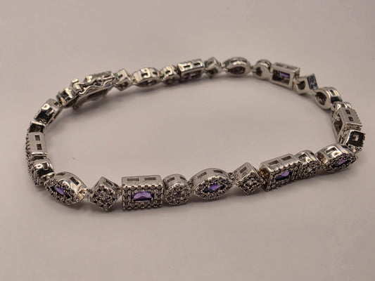 Sterling Silver Purple CZ Bracelet | 925 Silver | 8 Inch | Vintage Multi Shape Link | Womens Antique Style Bracelet