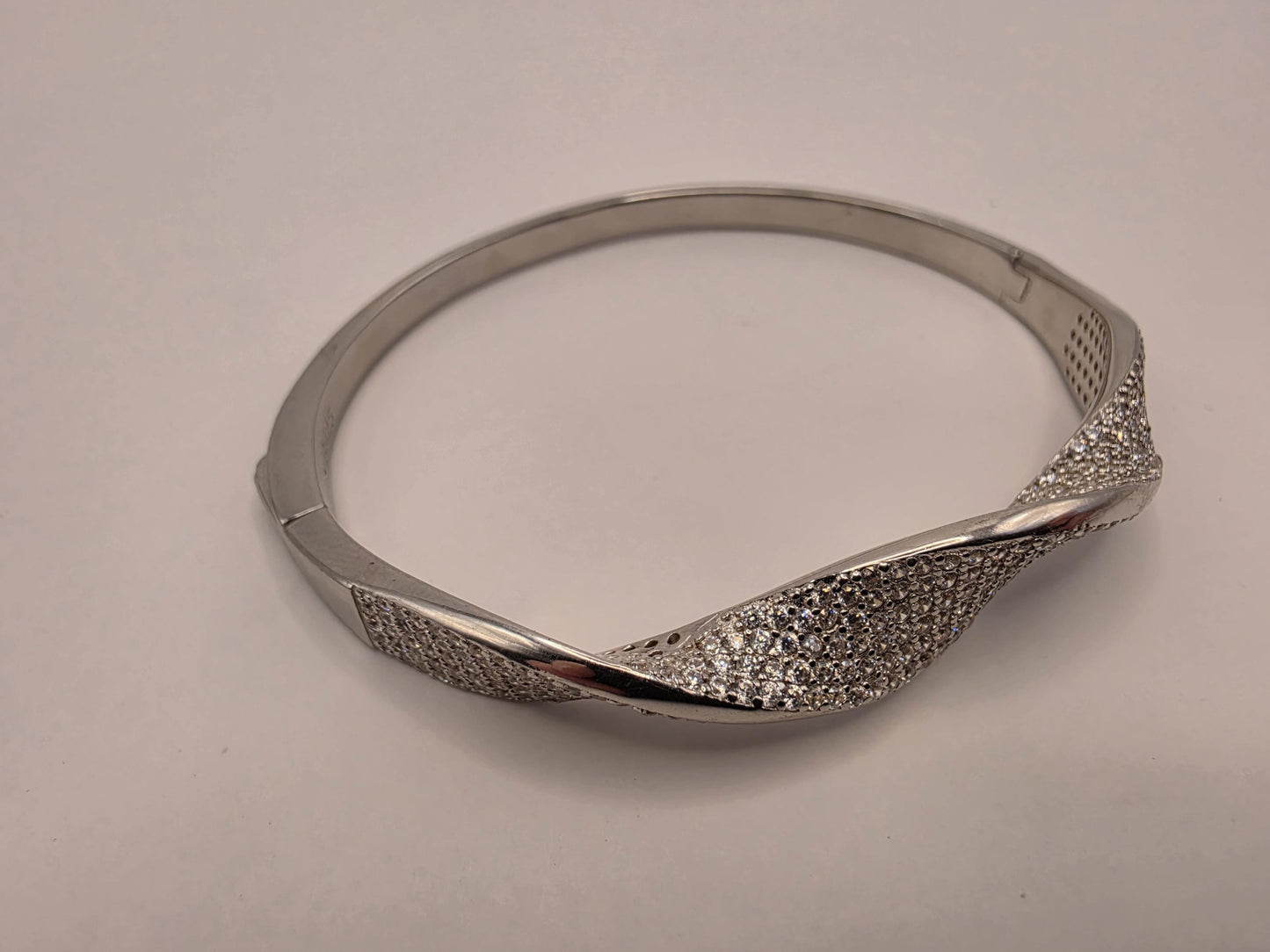 Sterling Silver CZ Bangle Bracelet | 925 Silver | Pave Twist Design | Hinged Cuff | Womens Statement Bangle Bracelet