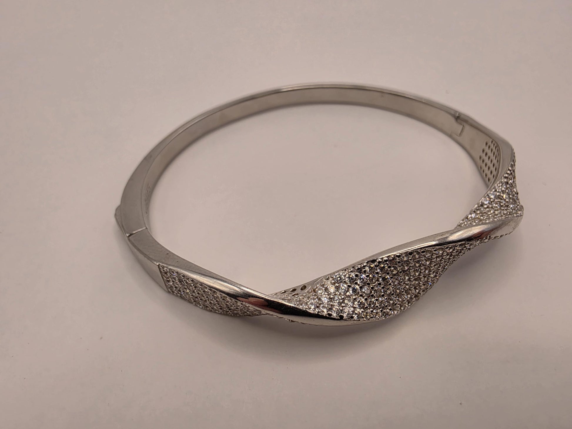 Sterling Silver CZ Bangle Bracelet | 925 Silver | Pave Twist Design | Hinged Cuff | Womens Statement Bangle Bracelet