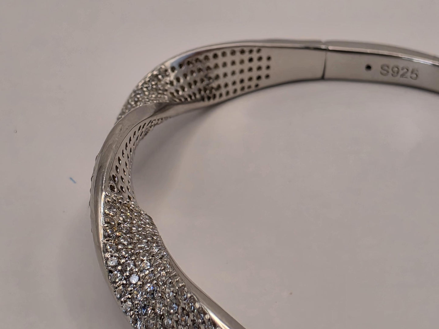 Sterling Silver CZ Bangle Bracelet | 925 Silver | Pave Twist Design | Hinged Cuff | Womens Statement Bangle Bracelet