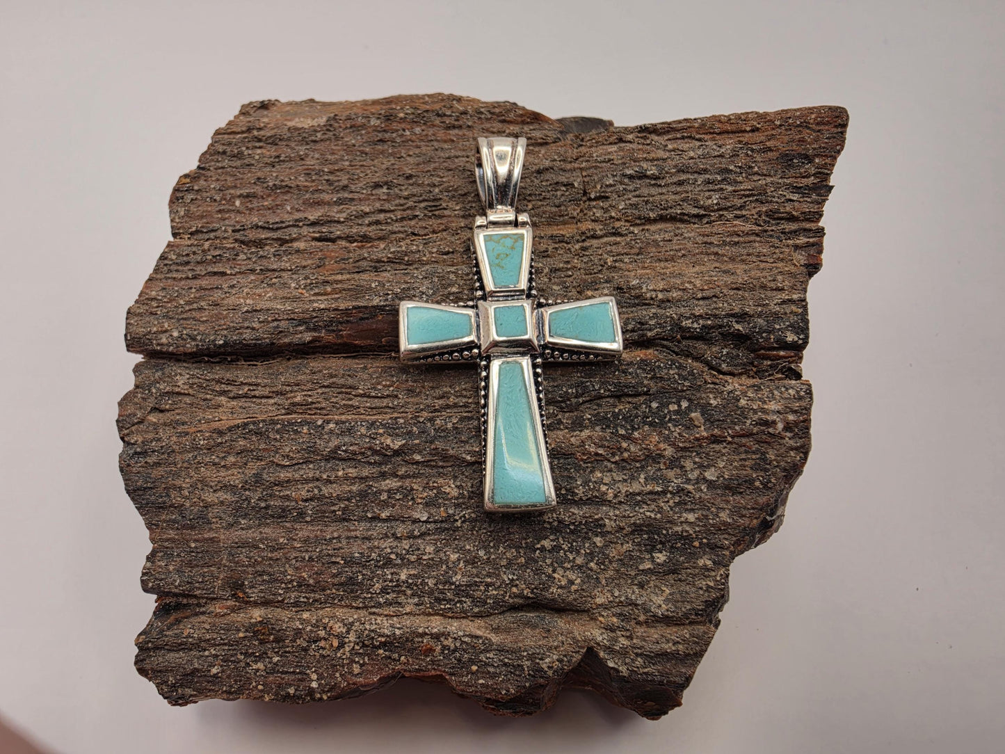 Sterling Silver Turquoise Cross Pendant | 925 Silver | Inlay Beaded Border | 2 Inch | Southwestern Faith Jewelry Pendant
